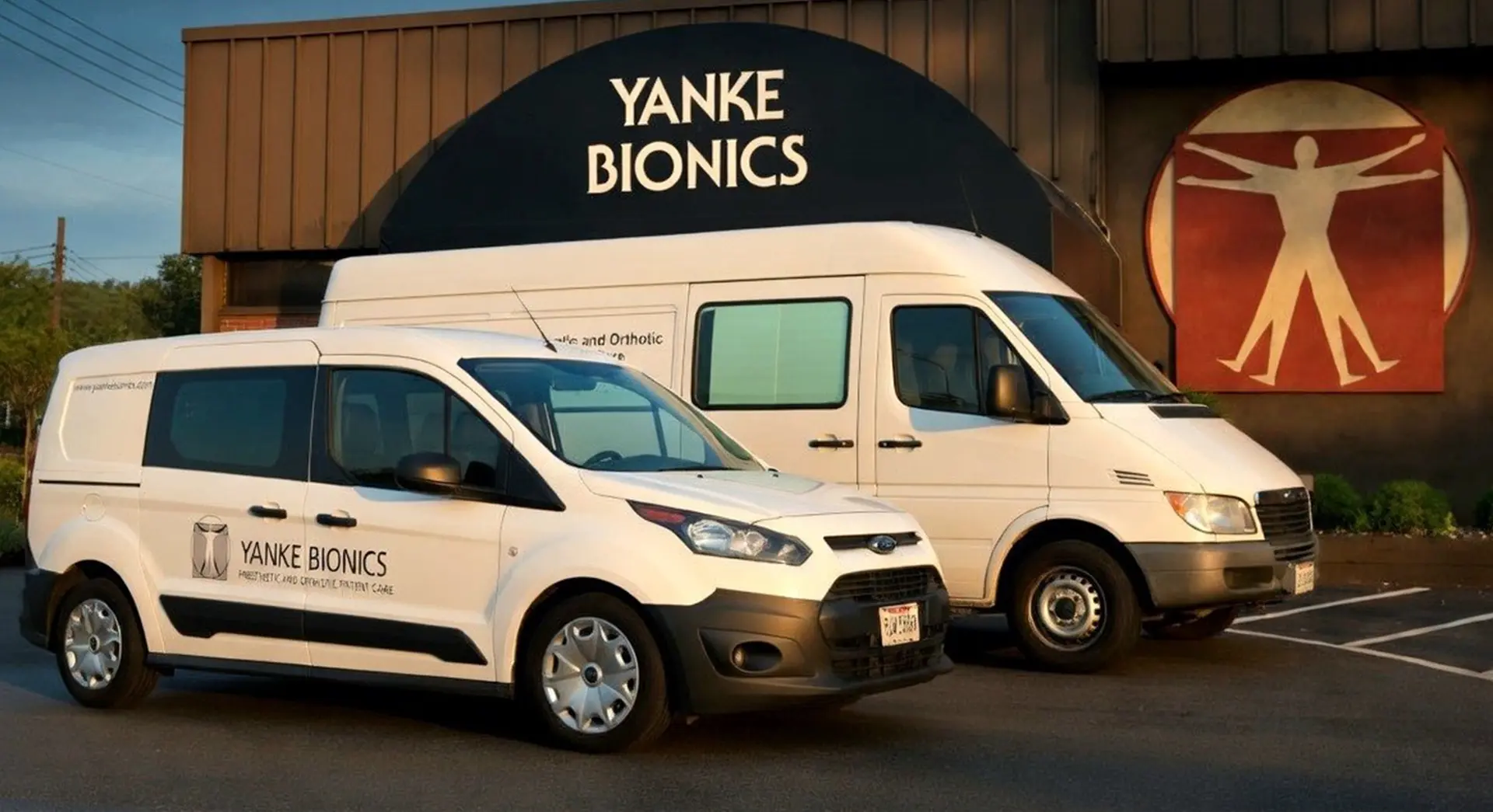 Photo of two employees standing next to company vehicles